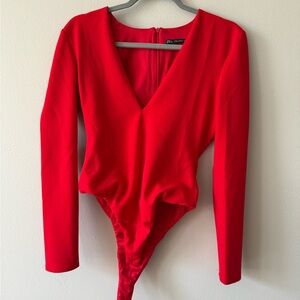 Zara Vivid Red V-Neck Bodysuit